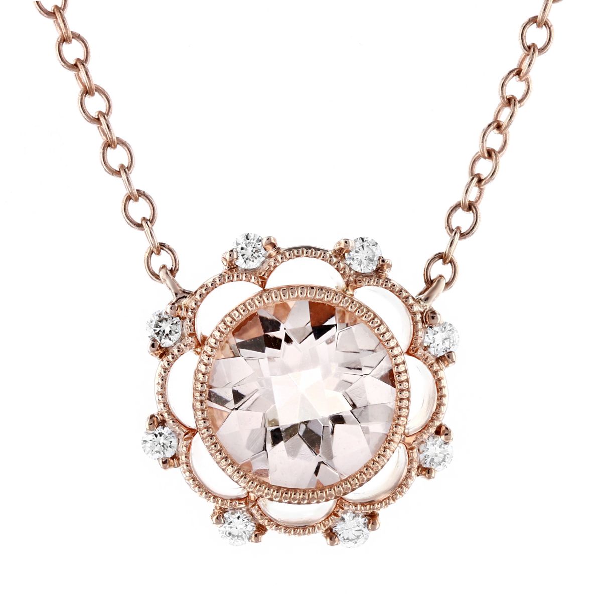 Doves Checkerboard Round Morganite & Diamond Scalloped Milgrain Necklace in Rose Gold, 18