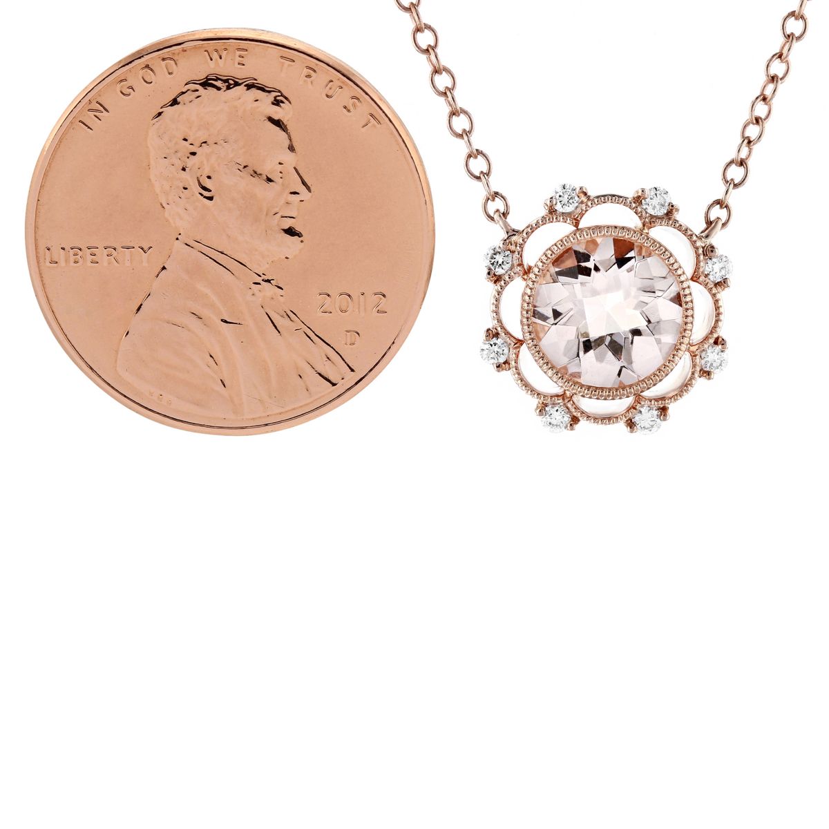 Doves Checkerboard Round Morganite & Diamond Scalloped Milgrain Necklace in Rose Gold, 18