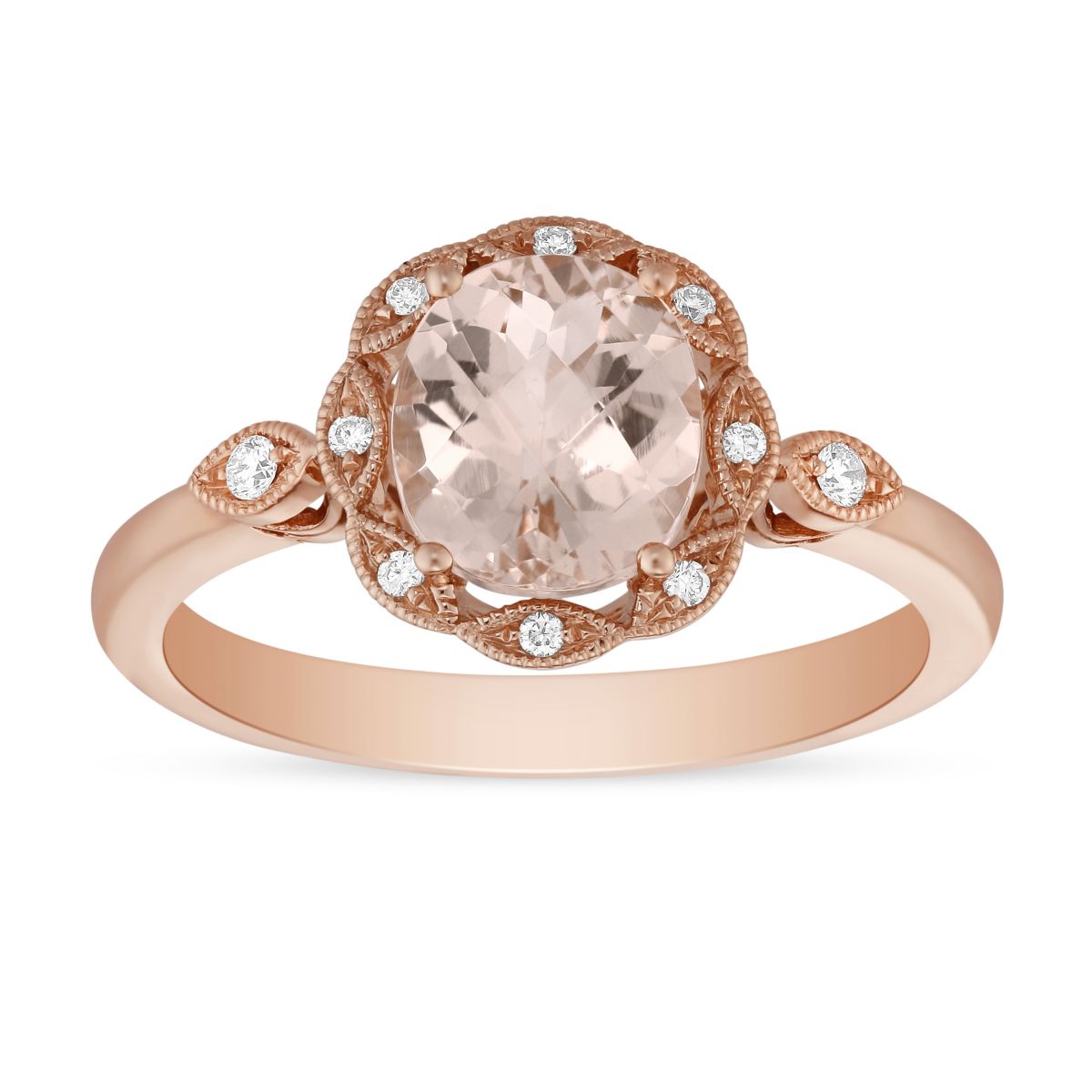 14K Rose Gold Oval Checkerboard Morganite and Round Diamond Milgrain Ring