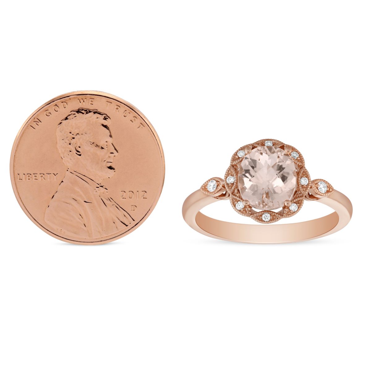 14K Rose Gold Oval Checkerboard Morganite and Round Diamond Milgrain Ring