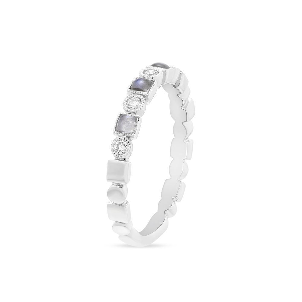Diamond and Moonstone Milgrain Geometric Ring in White Gold
