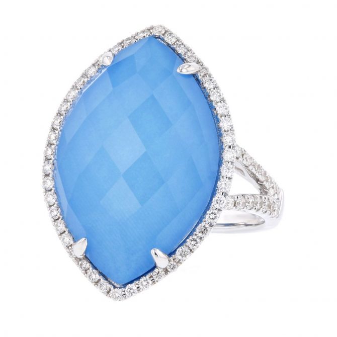 Doves 18K White Gold Checkerboard Marquise Clear Quartz & Turquoise Doublet with Diamond Halo & Shan