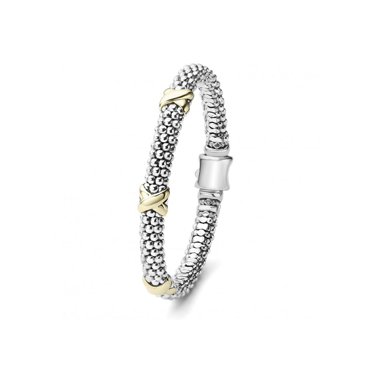 LAGOS Sterling Silver Caviar Bracelet with 3 18K Yellow Gold X Stations, 7
