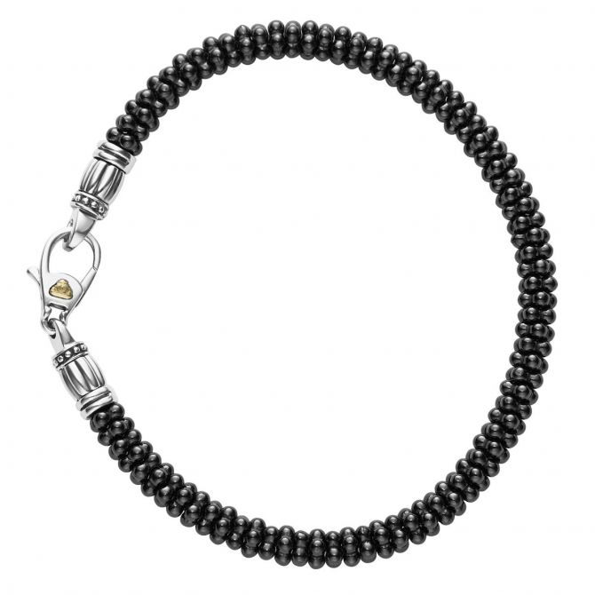 LAGOS Sterling Silver and 18K Yellow Gold Black Ceramic Caviar Bracelet, 7"