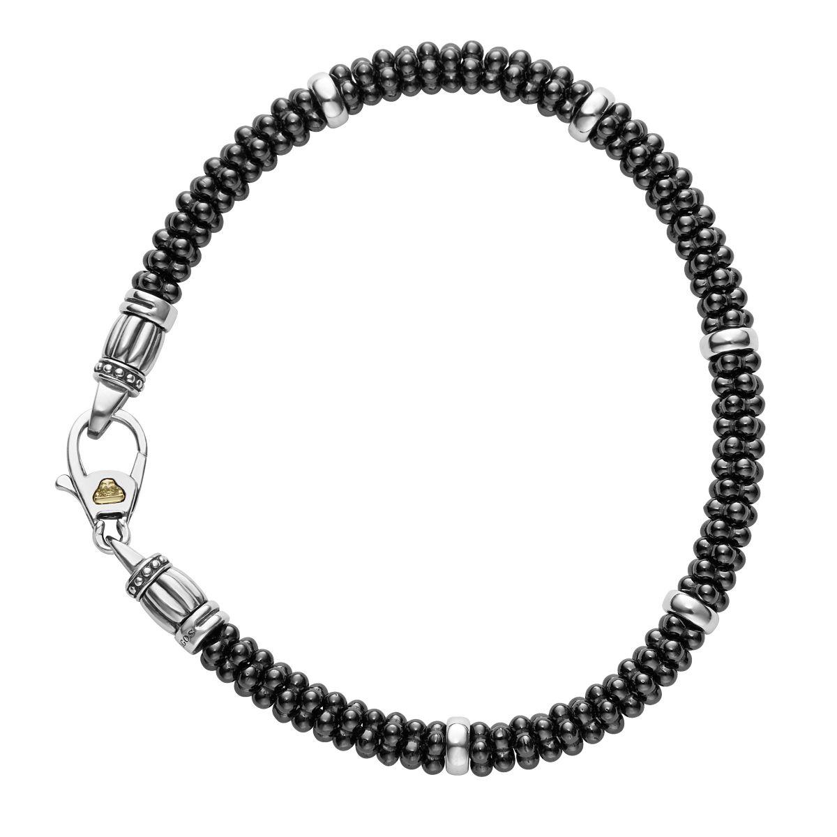 LAGOS Sterling Silver and 18K Yellow Gold Black Ceramic Caviar 5 Station Bracelet, 7