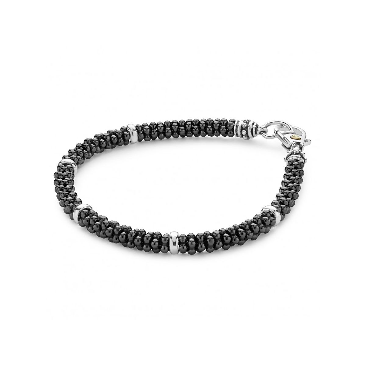 LAGOS Sterling Silver and 18K Yellow Gold Black Ceramic Caviar 5 Station Bracelet, 7