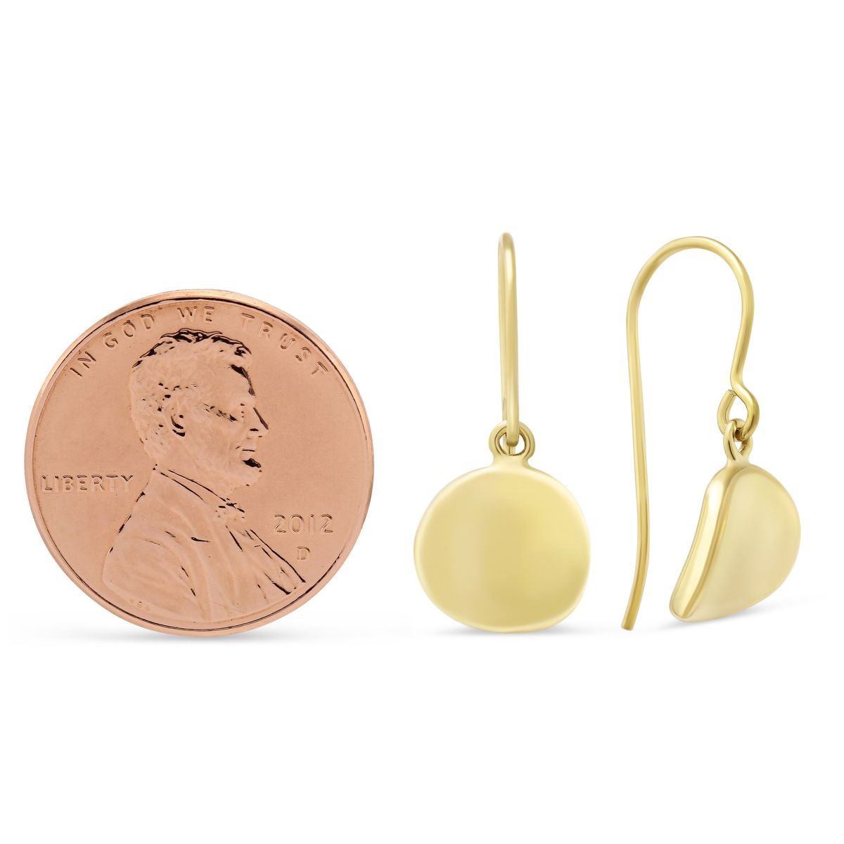 14K Yellow Gold Curved Disc Drop Earrings, 10mm