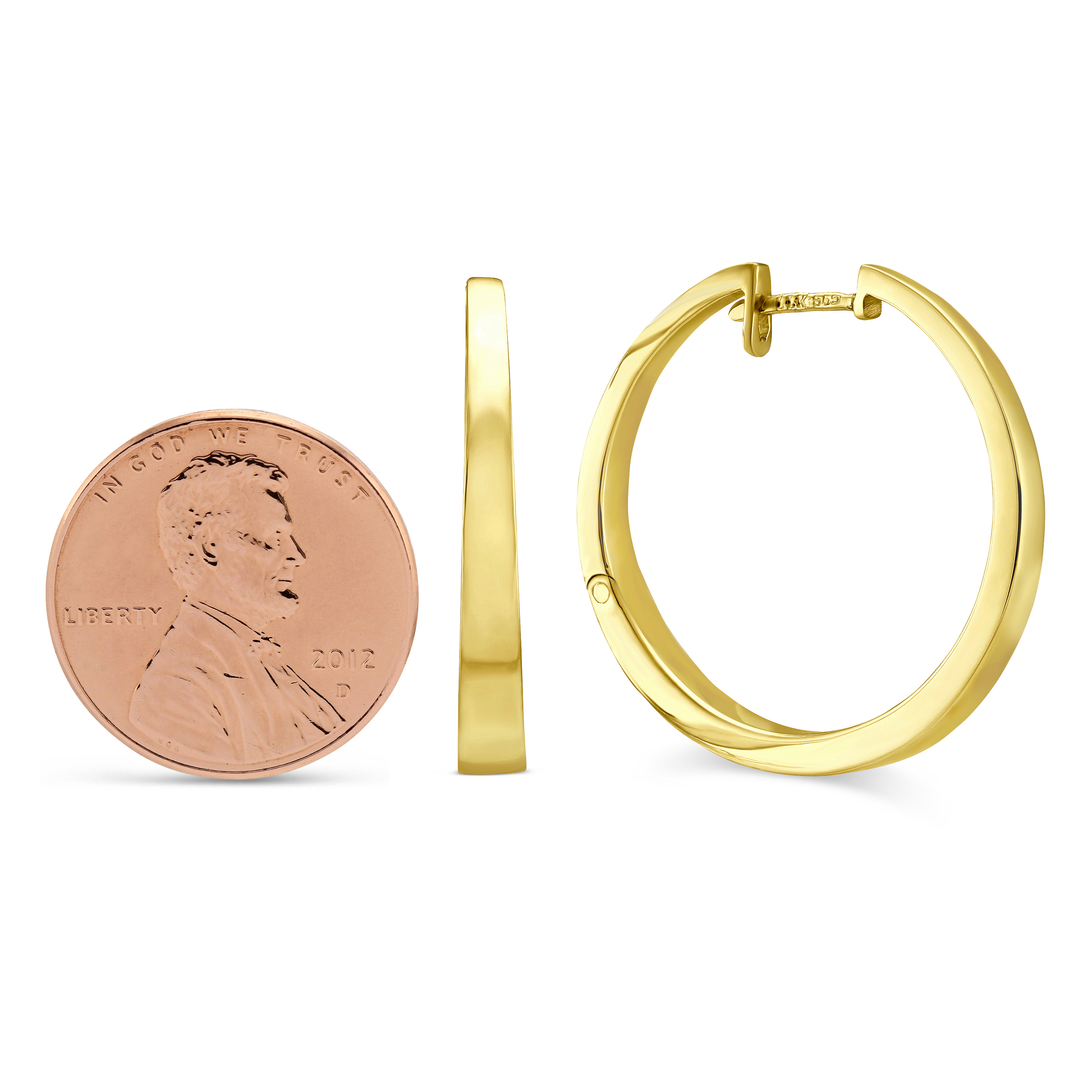 Yellow Gold Tapered Hoop Earrings, 27 mm
