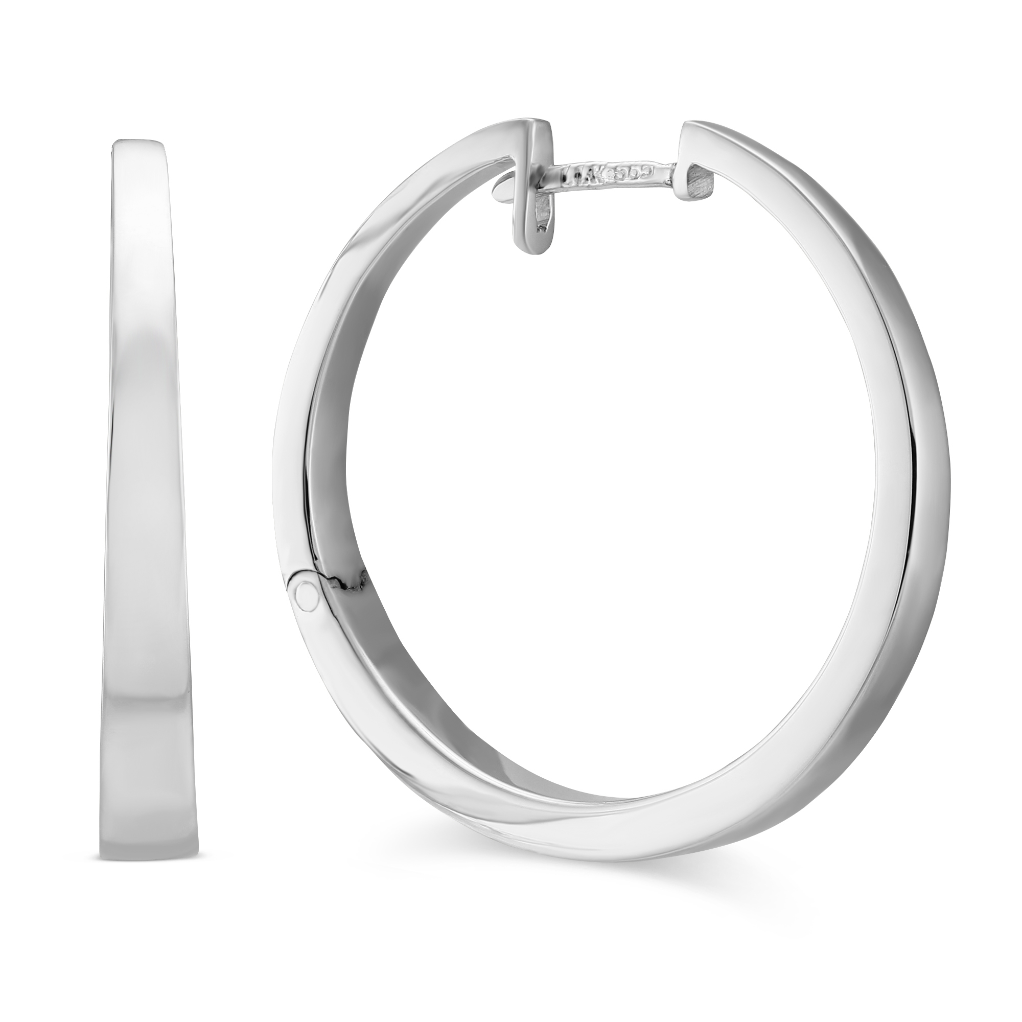 14K White Gold Tapered Hoop Earrings, 27mm