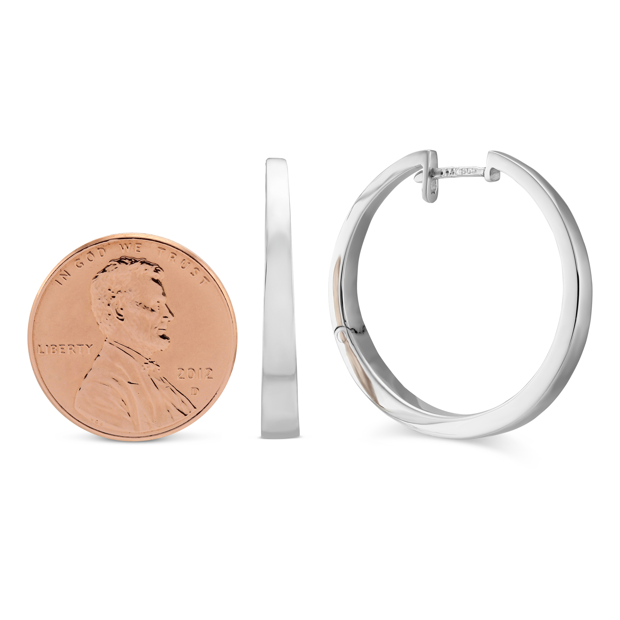 14K White Gold Tapered Hoop Earrings, 27mm