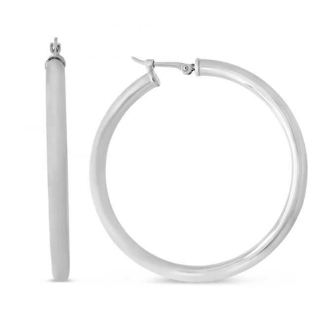White Gold Tube Hoop Earrings, 3 x 40 mm