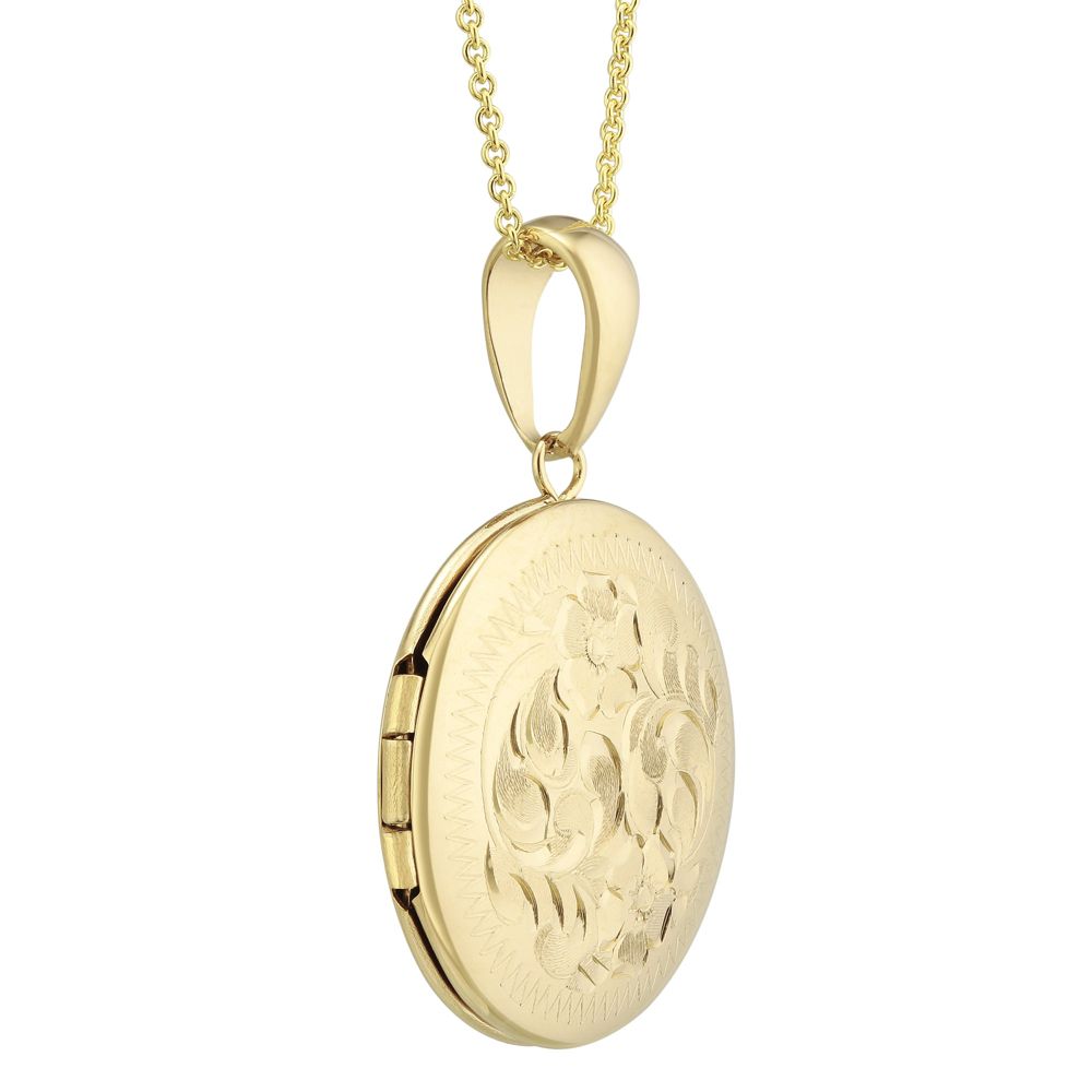 14K Yellow Gold Engraved Locket with Chain, 16-18