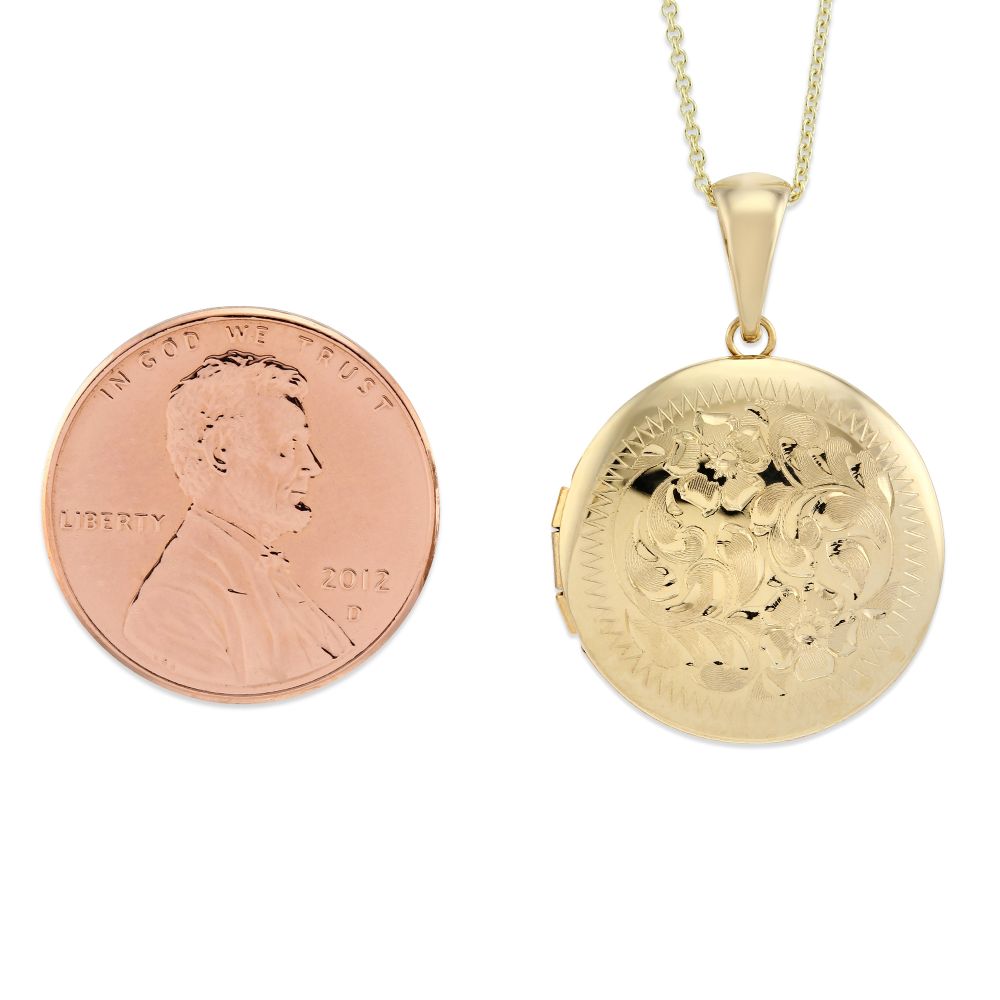 14K Yellow Gold Engraved Locket with Chain, 16-18