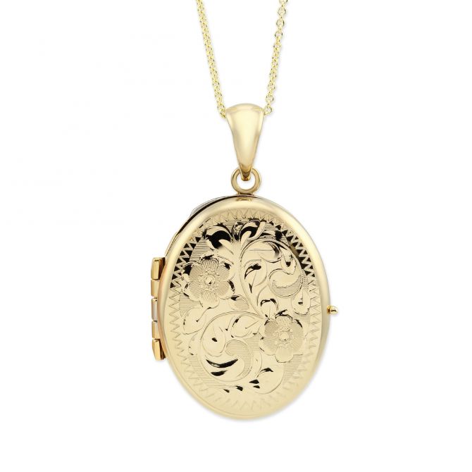 14K Yellow Gold Oval Engraved 4 Picture Locket, 18"