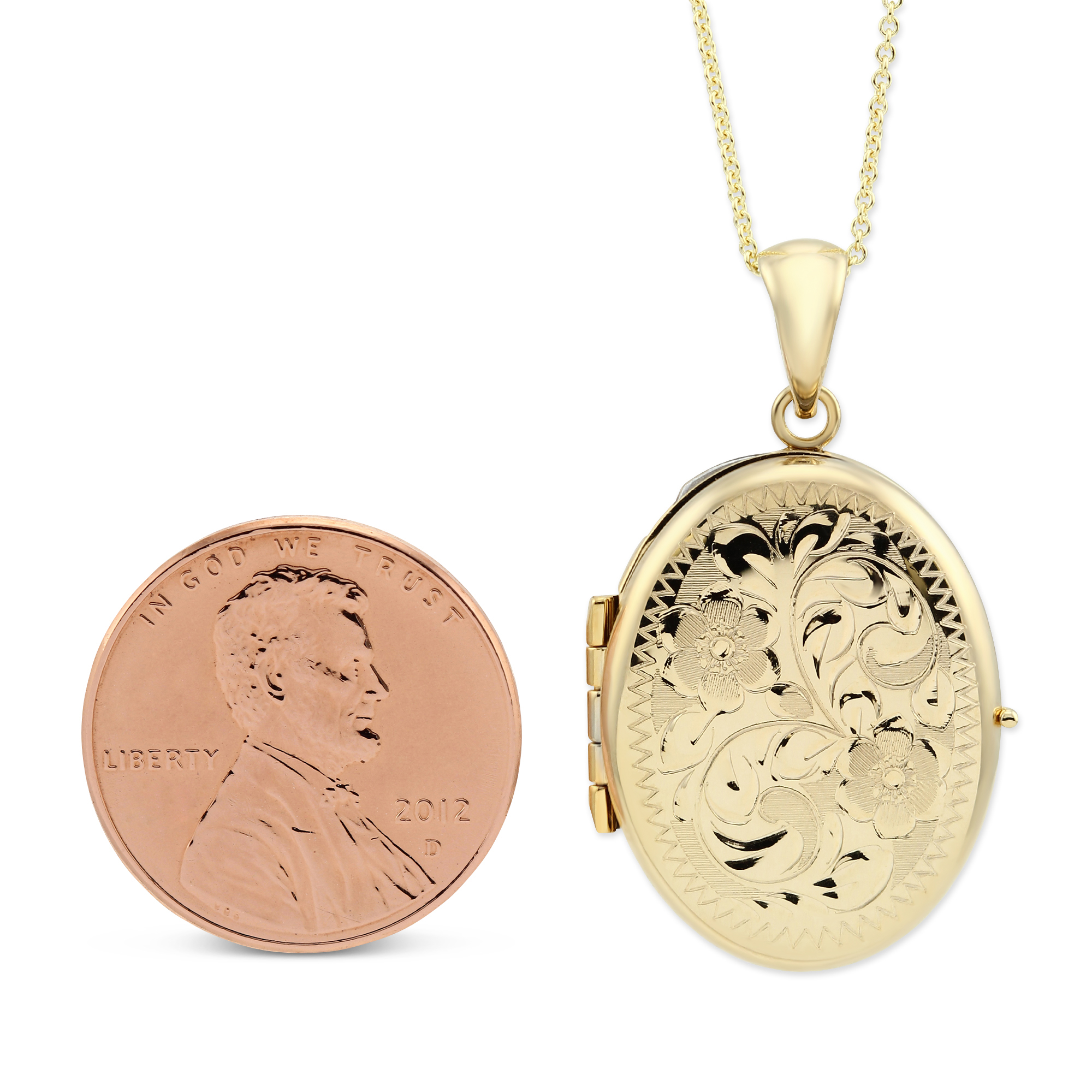 14K Yellow Gold Oval Engraved 4 Picture Locket, 18