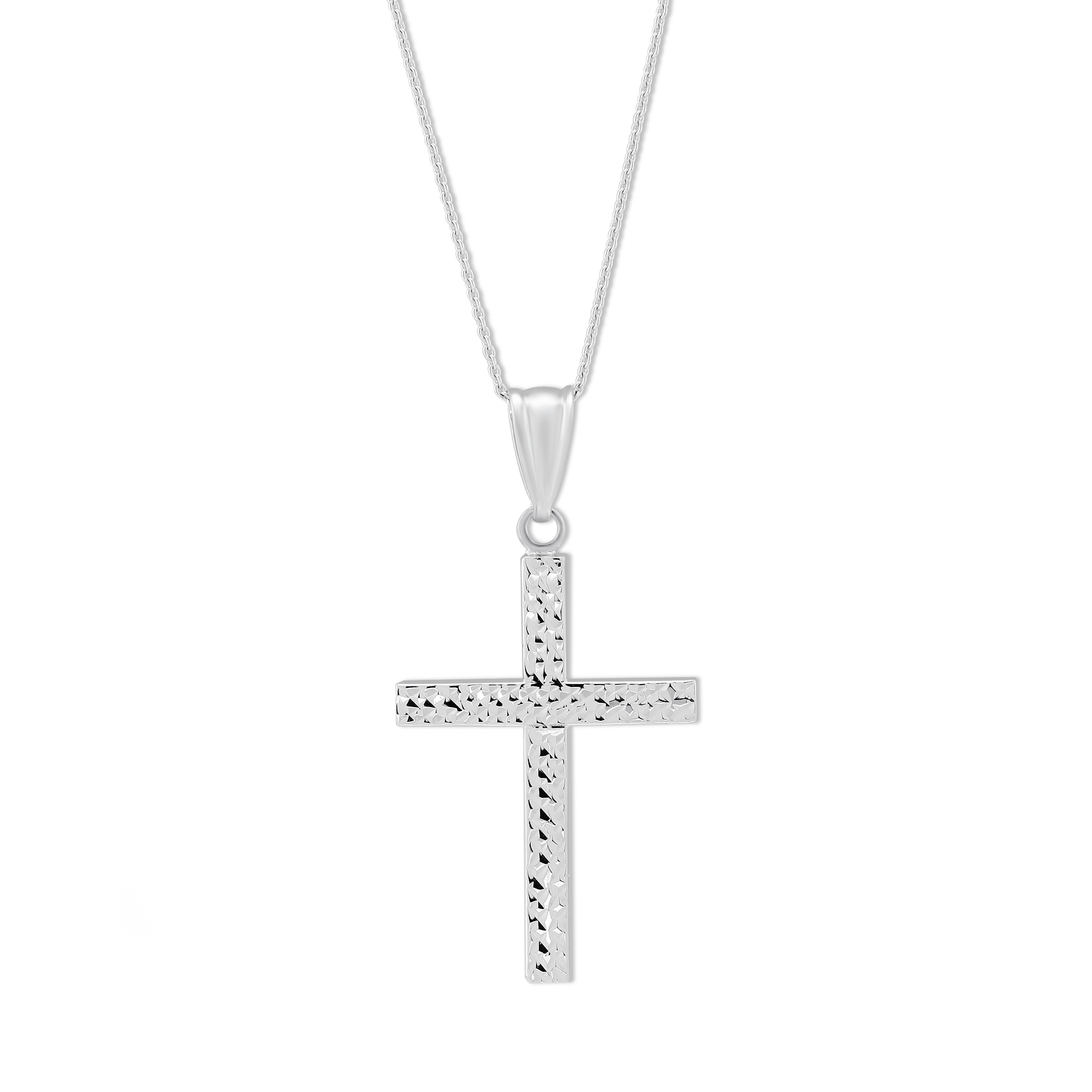 14K White Gold Square Tube Patterned Cross Pendant