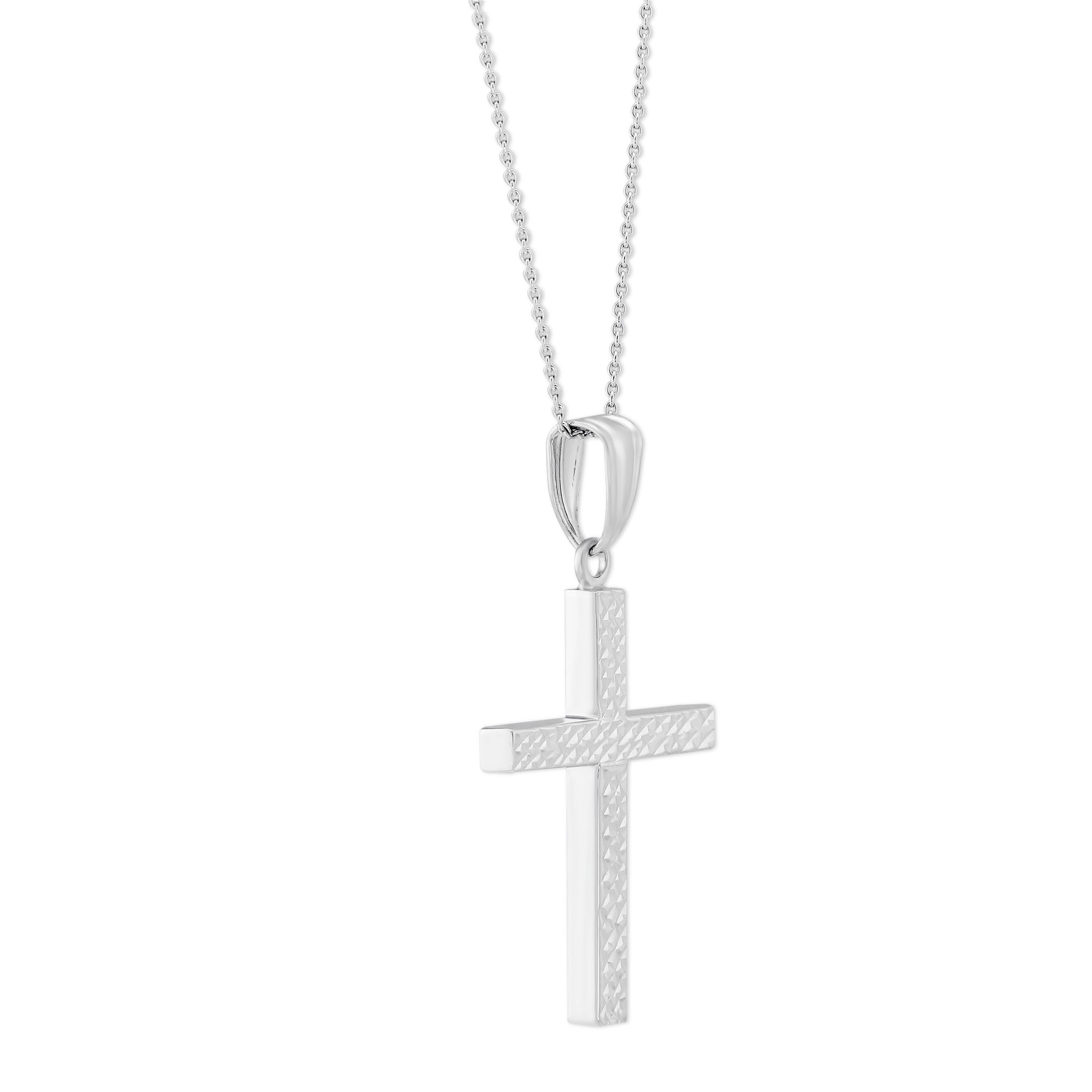 14K White Gold Square Tube Patterned Cross Pendant