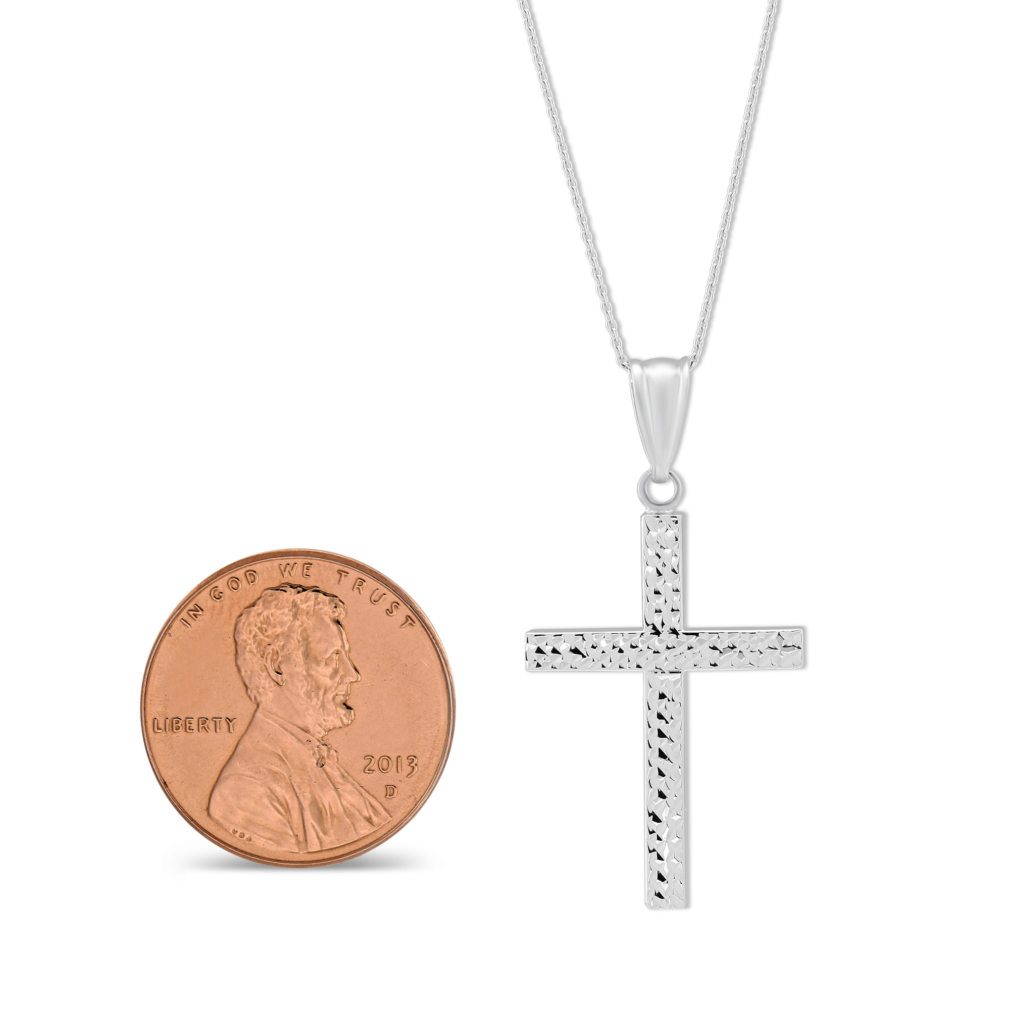 14K White Gold Square Tube Patterned Cross Pendant