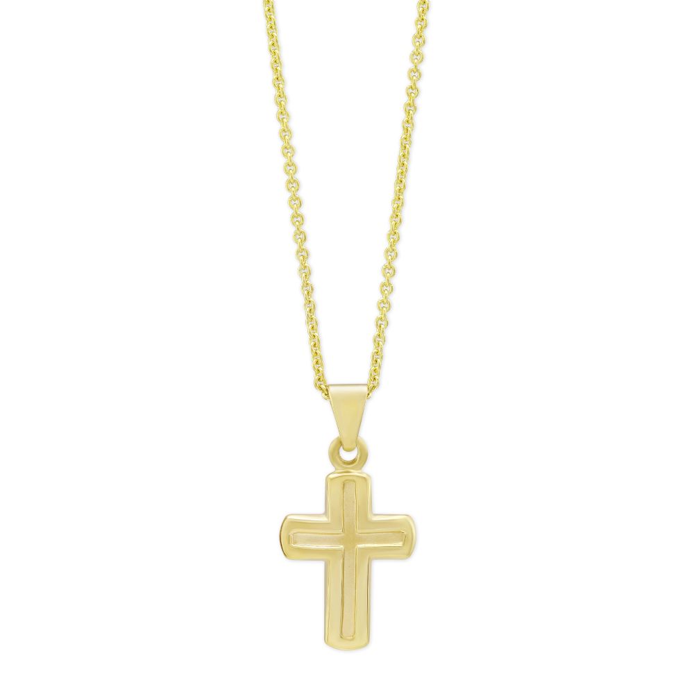 14K Yellow Gold Polished & Matte Finish Debossed Cross Pendant, 16-18