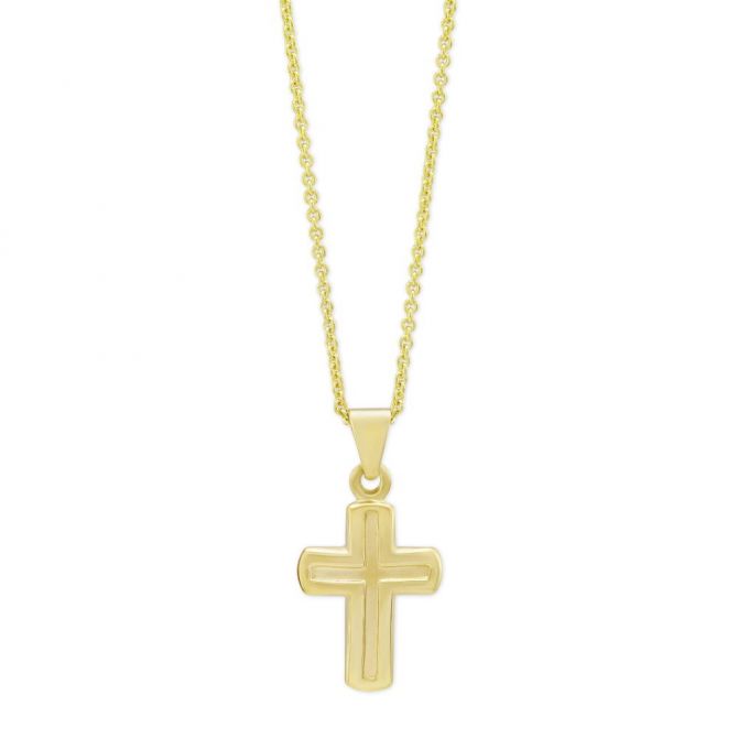 14K Yellow Gold Polished & Matte Finish Debossed Cross Pendant, 16-18"