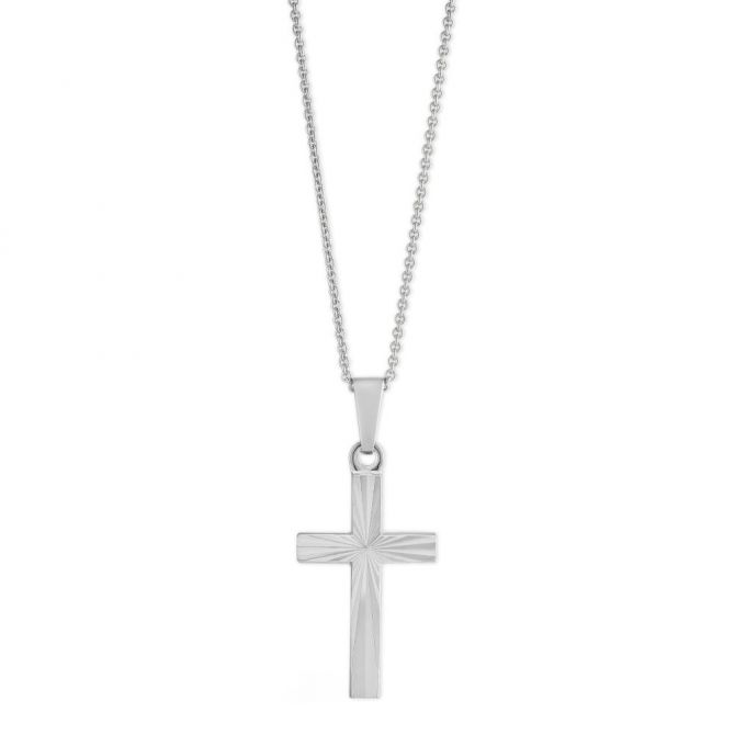 14K White Gold Engraved Cross Pendant, 16-18"