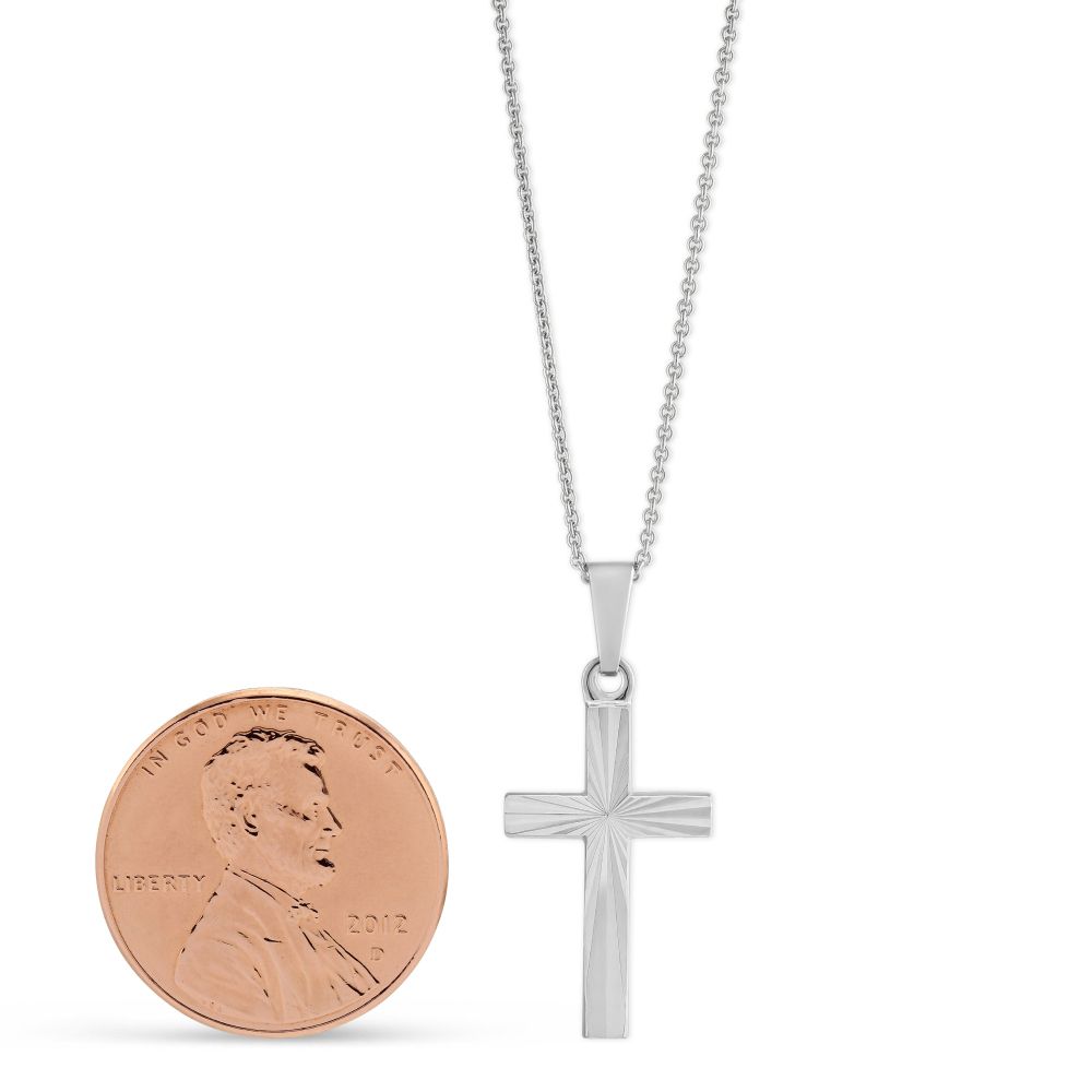 14K White Gold Engraved Cross Pendant, 16-18