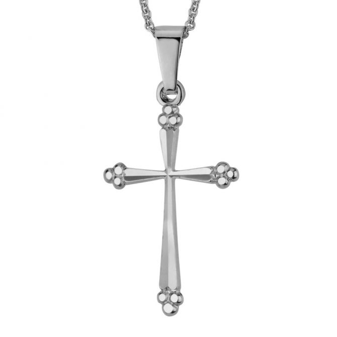 14K White Gold Budded Cross Pendant, 18"