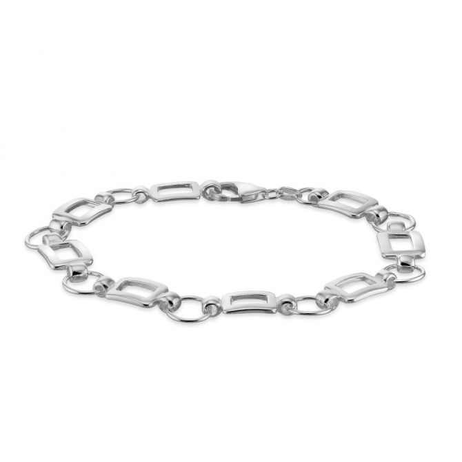 Sterling Silver Circle and Rectangle Link Bracelet, 7.5"