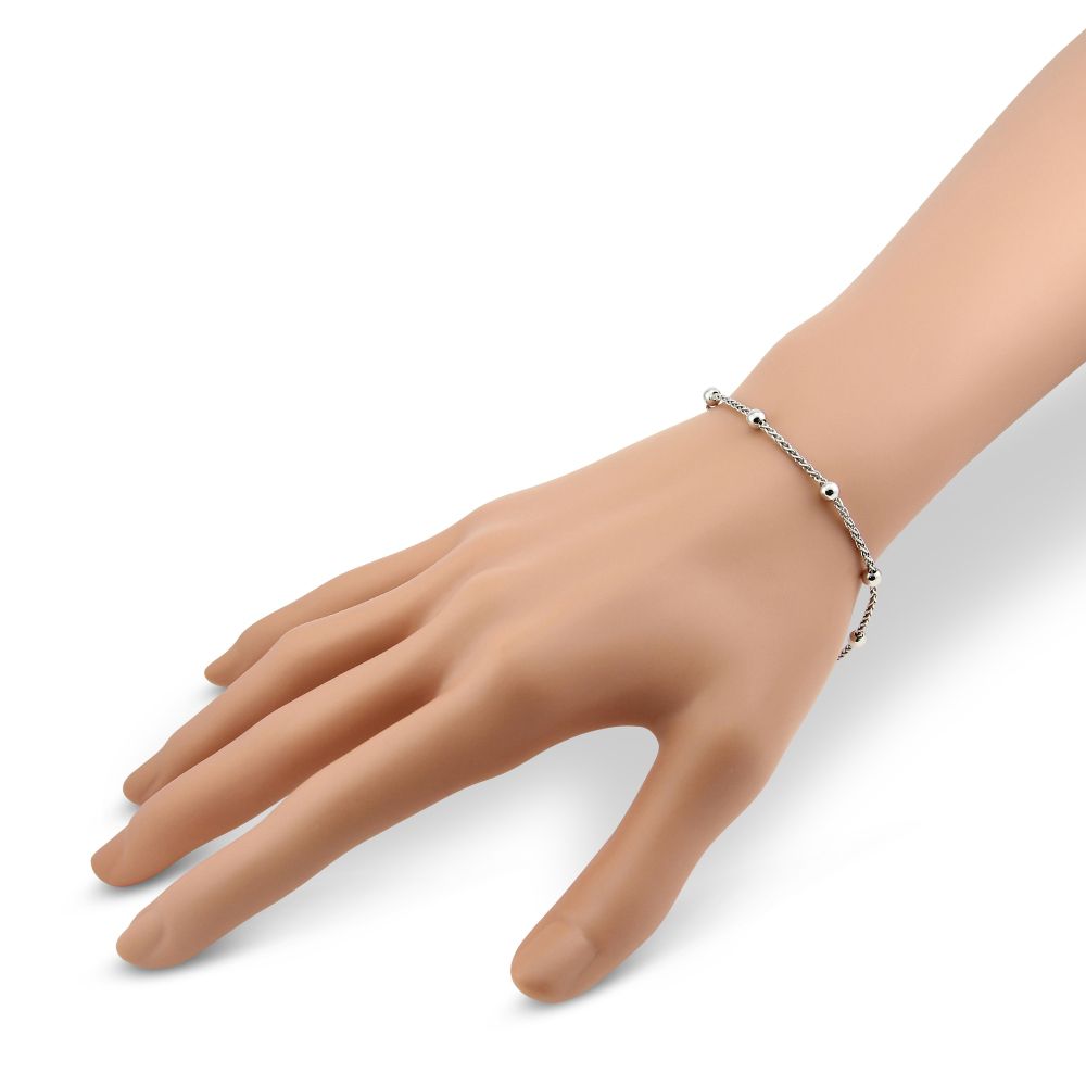 Sterling Silver Bead and Wheat Chain Bracelet