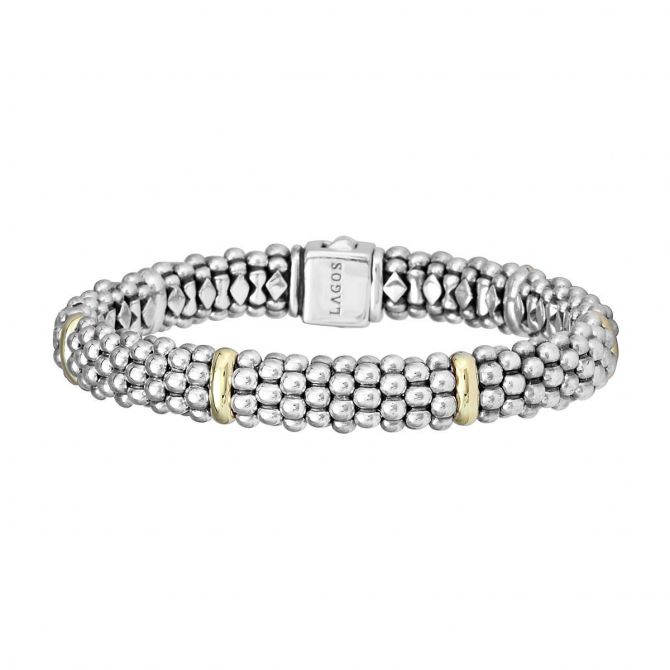 LAGOS Sterling Silver & 18K Yellow Gold Station 9mm Signature Caviar Bracelet