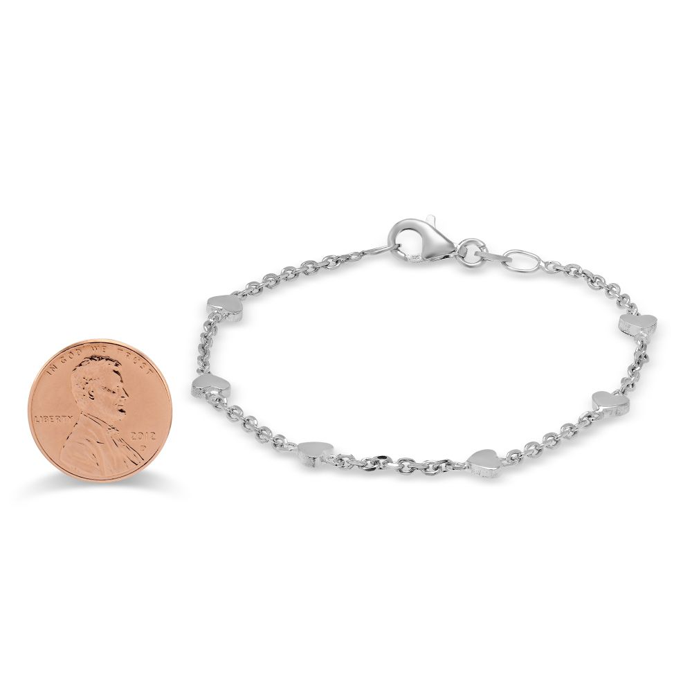 Sterling Silver Hearts and Diamond Station Cable Bracelet