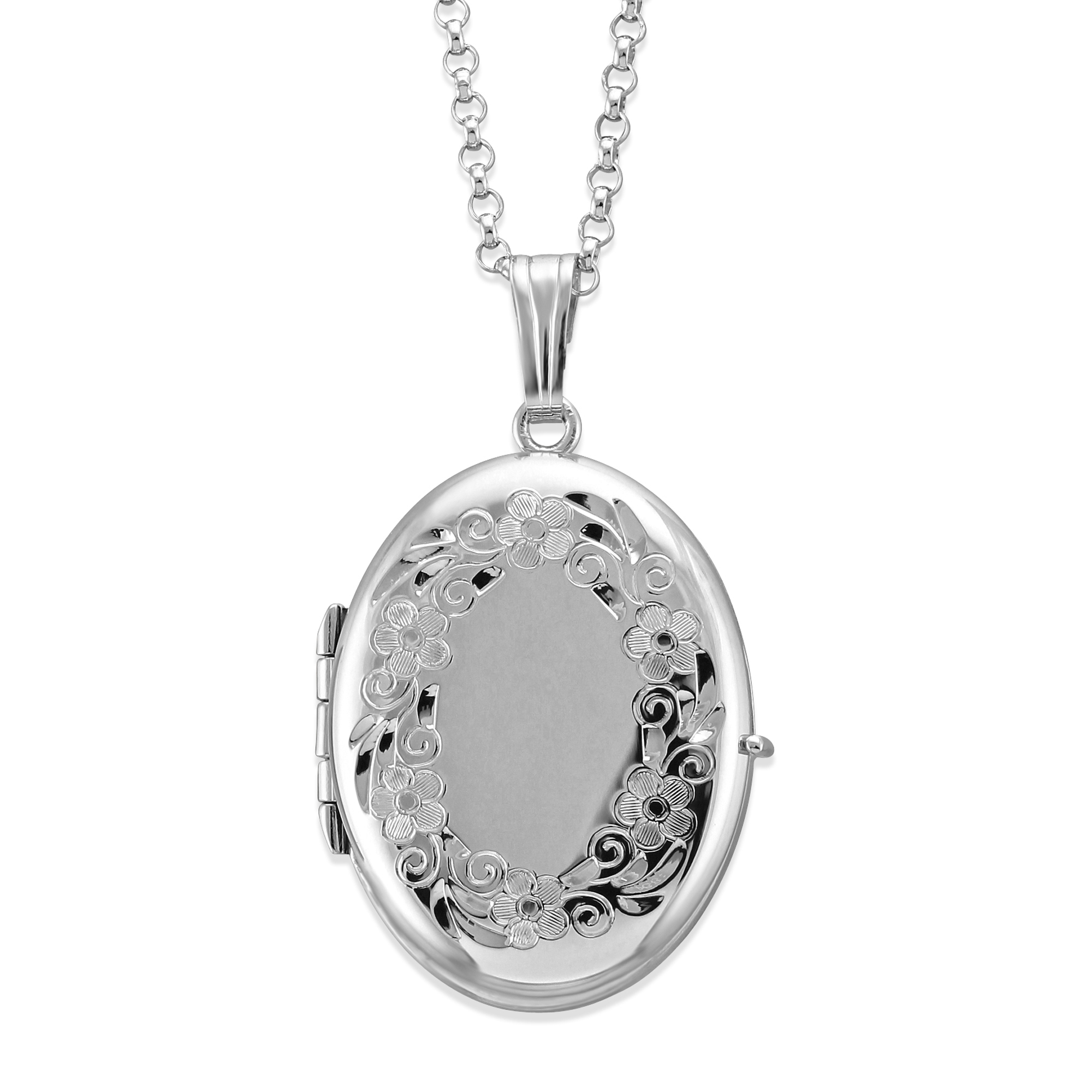 18" Italian Box Chain Sterling Silver Hand Engraved Oval Locket Pendant Charm