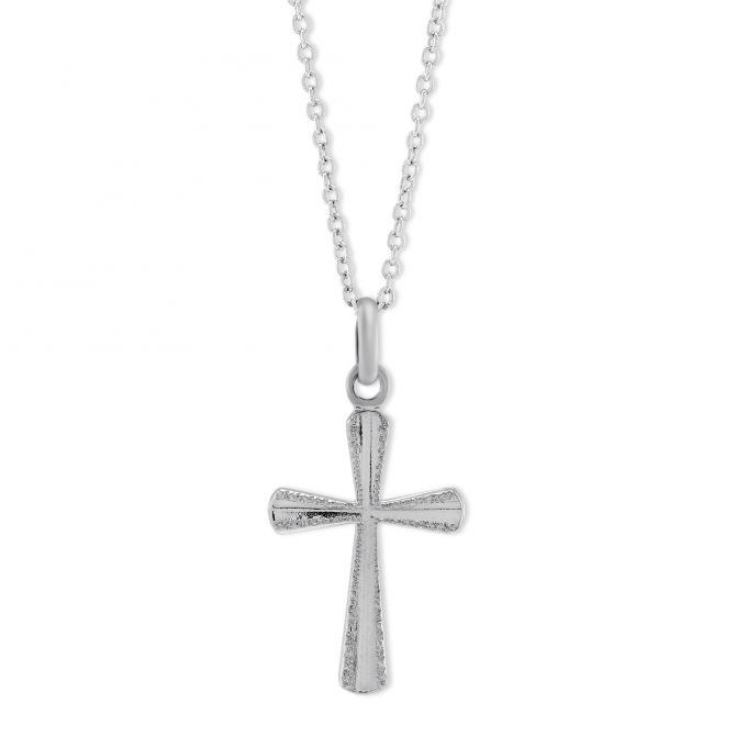 Sterling Silver Diamond Cut Edge Cross Pendant, 18"