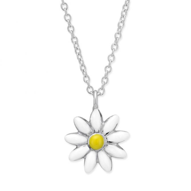 Sterling Silver Children's White & Yellow Enamel Daisy Pendant, 15"