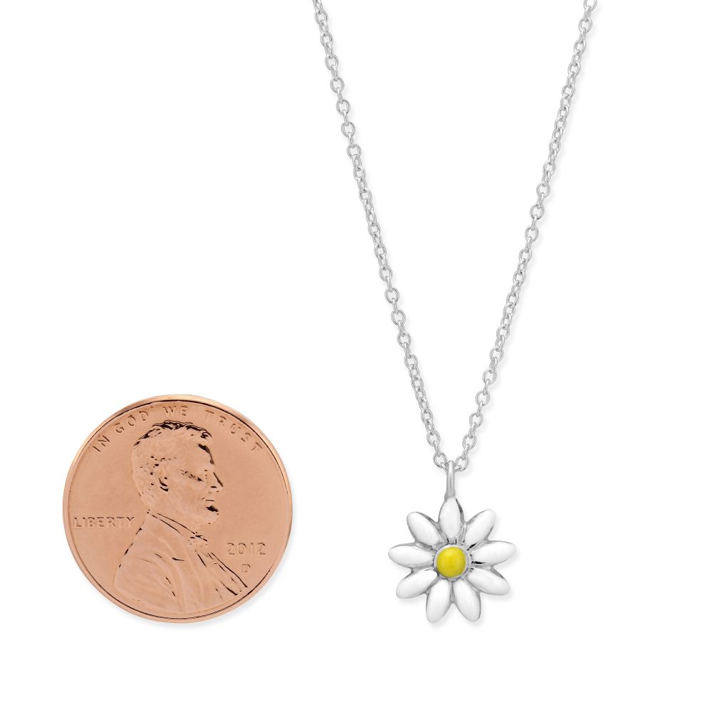 Sterling Silver Children's White & Yellow Enamel Daisy Pendant, 15