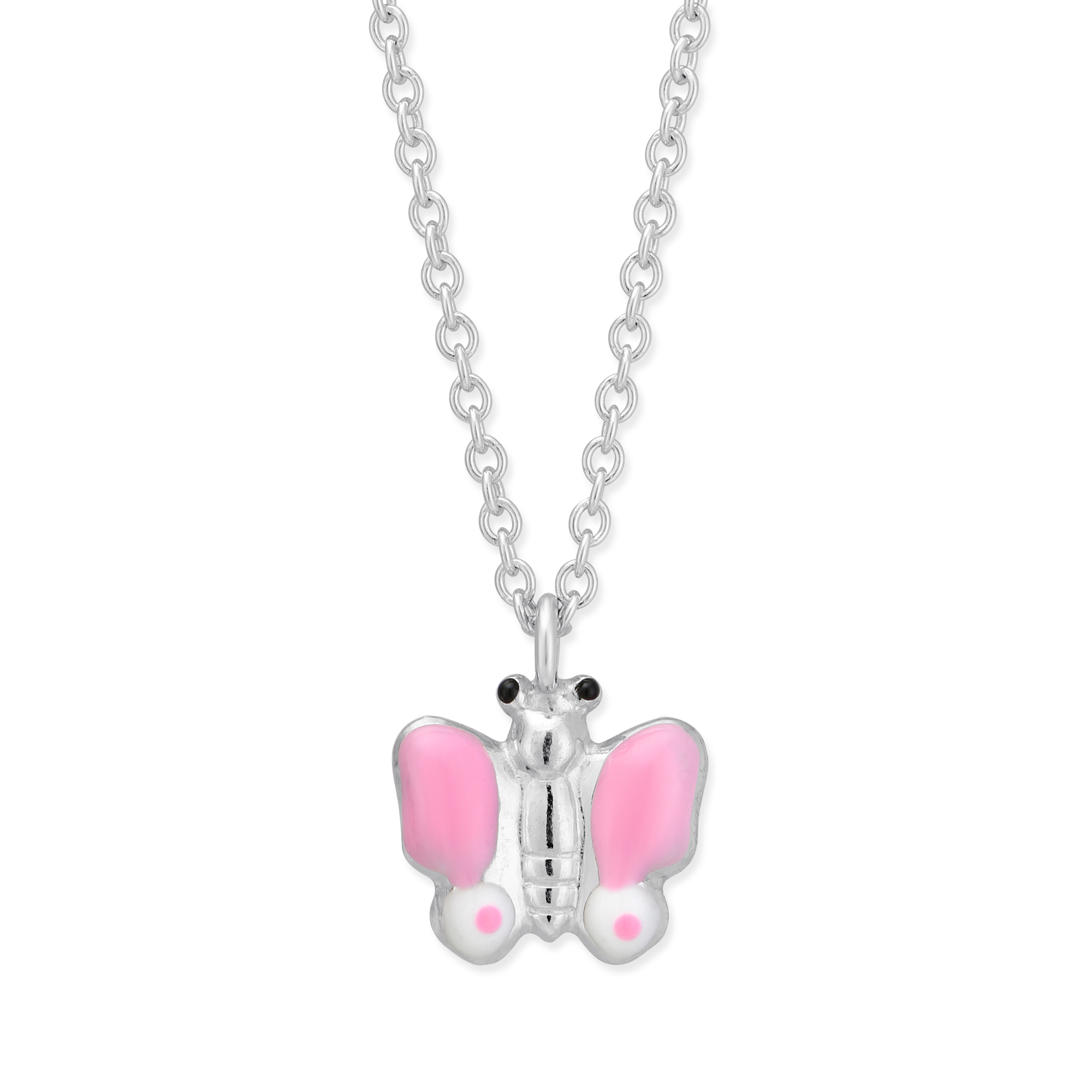 Sterling Silver Pink & White Enamel Butterfly Pendant, 15