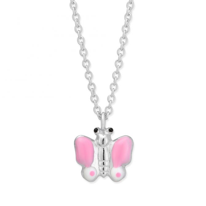 Sterling Silver Pink & White Enamel Butterfly Pendant, 15"