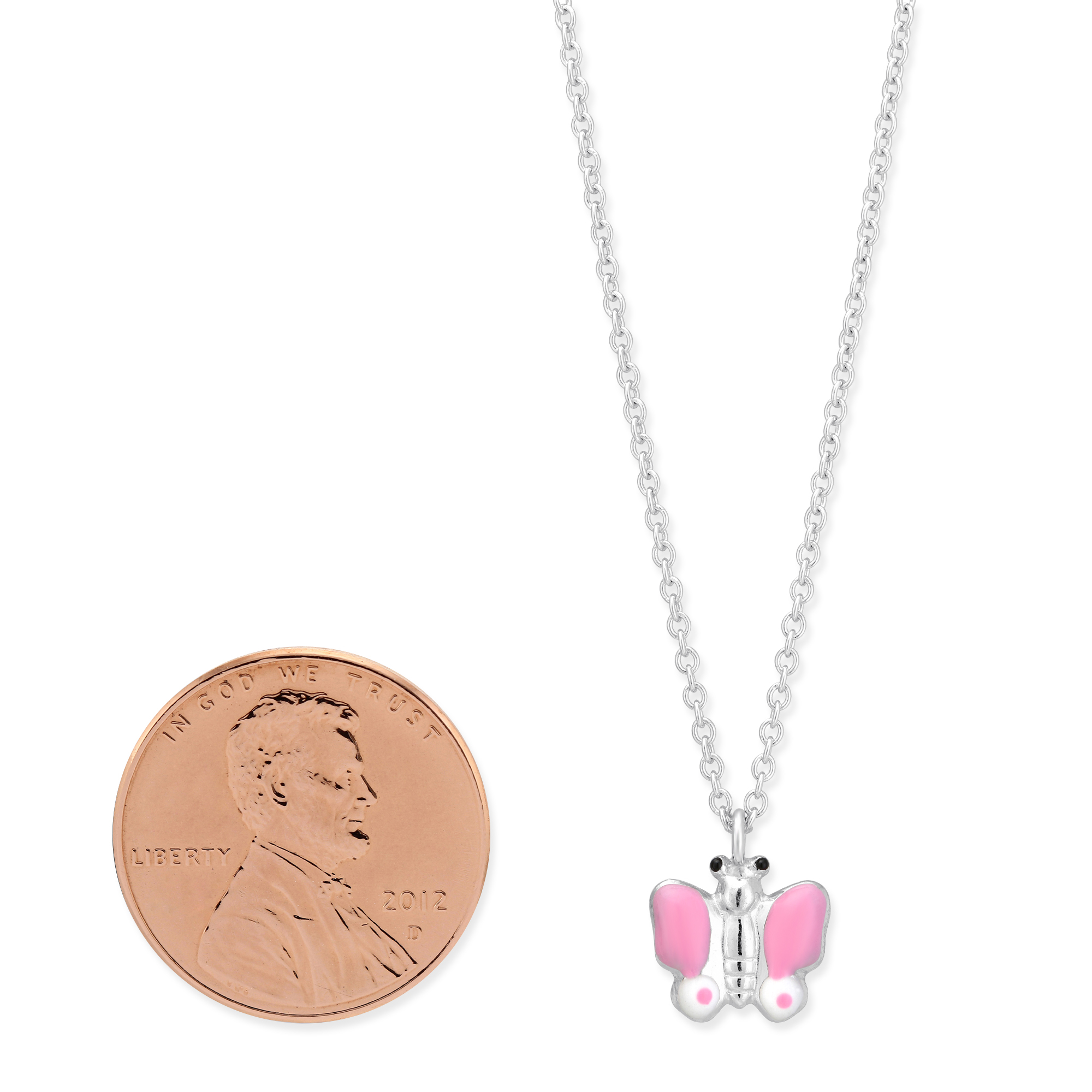 Sterling Silver Pink & White Enamel Butterfly Pendant, 15