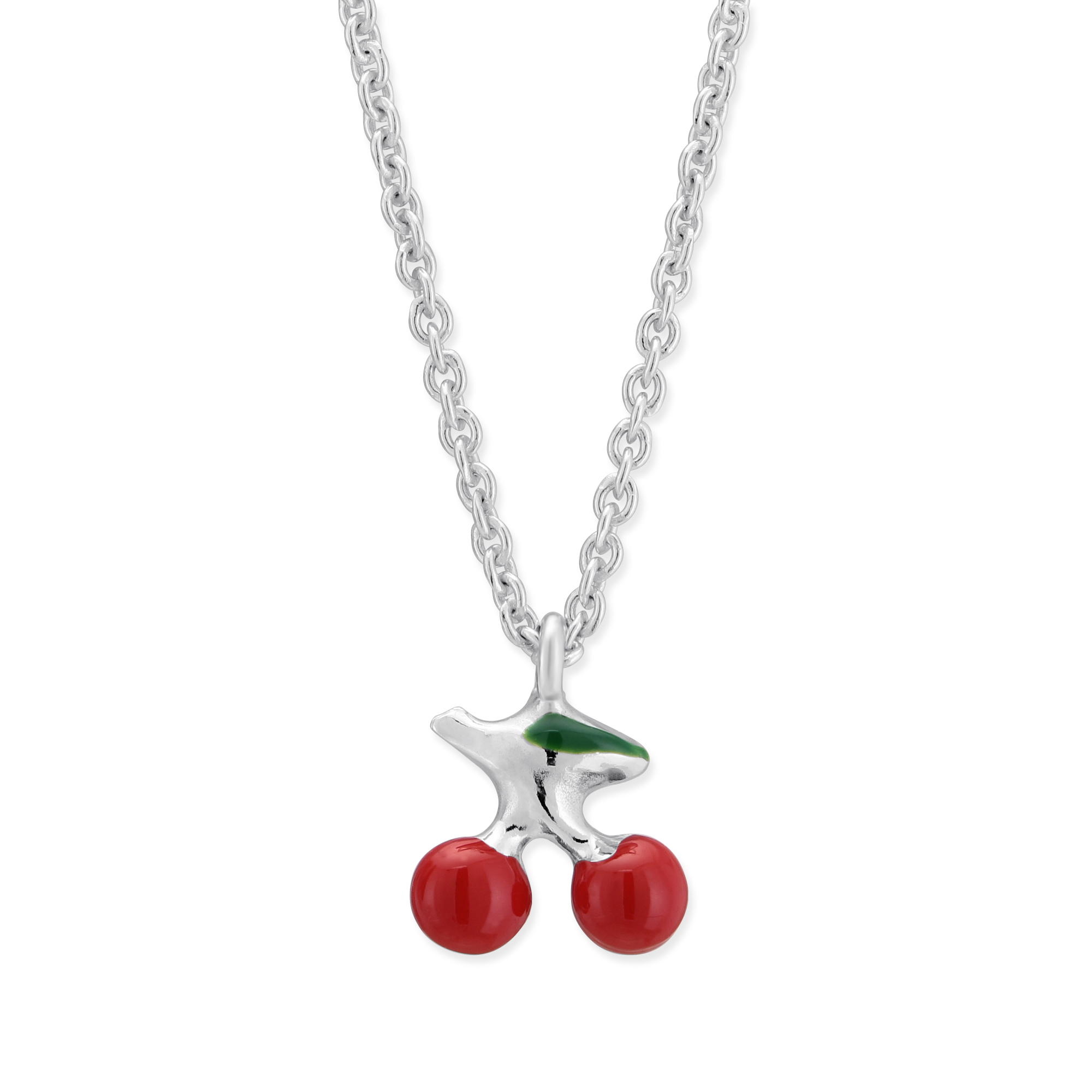 Sterling Silver Red & Green Enamel Cherry Pendant, 14-15