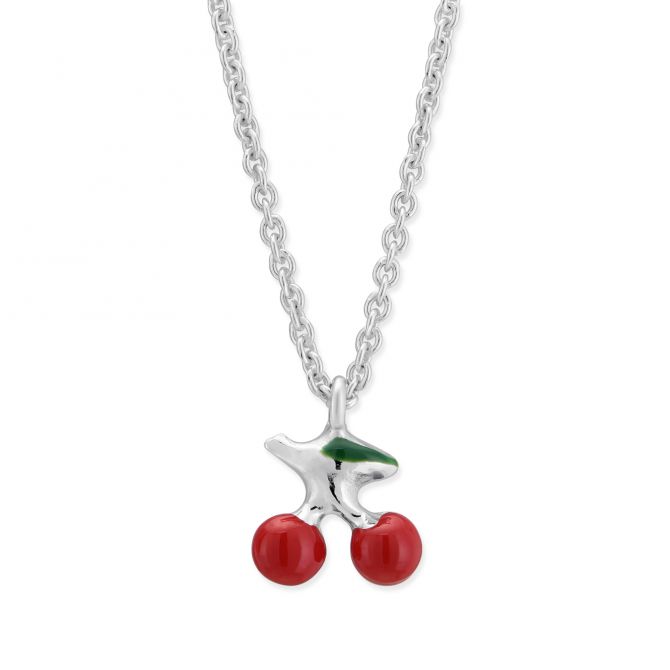 Sterling Silver Red & Green Enamel Cherry Pendant, 14-15"