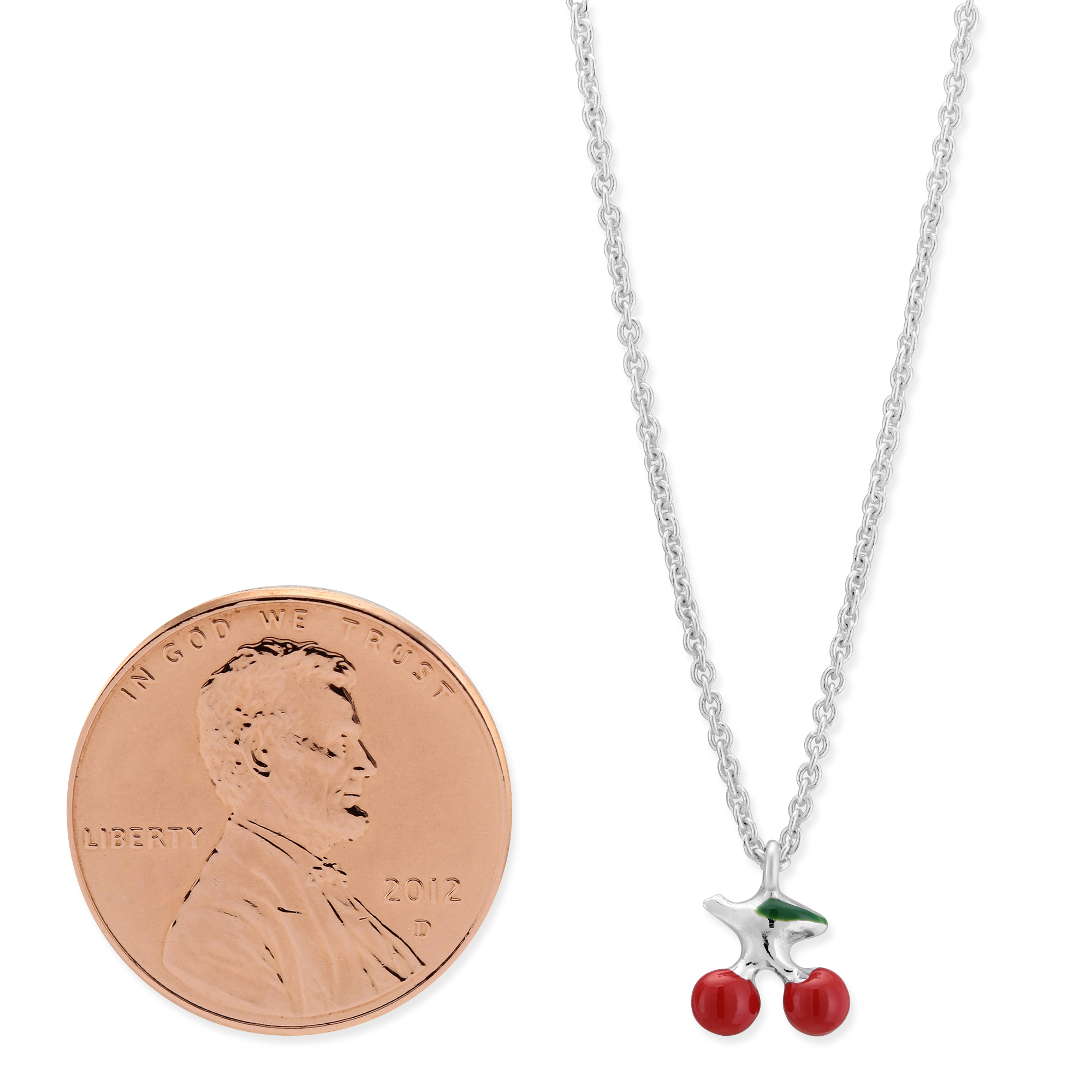Sterling Silver Red & Green Enamel Cherry Pendant, 14-15