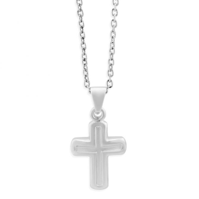 Sterling Silver Beveled Edge Cross Pendant, 16"-18"