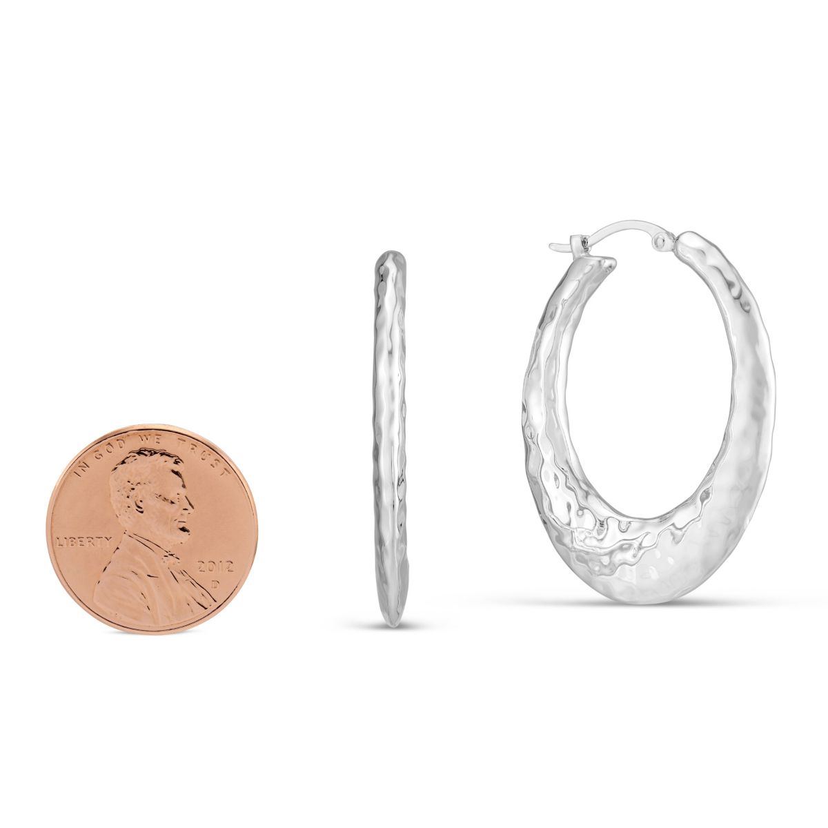 Sterling Silver Hinged Oval Hammered Hoop Earrings