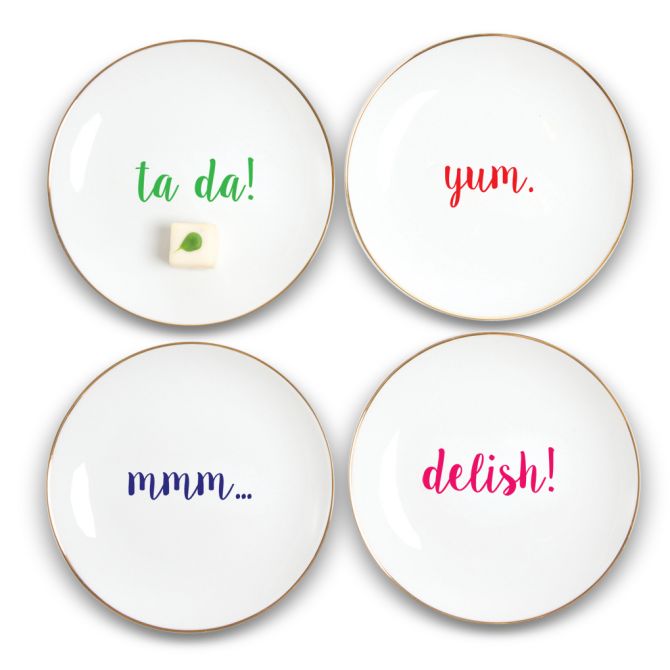 8 Oak Lane Ta Da, Yum, Mmm, Delish! Dessert Plates, Set of 4
