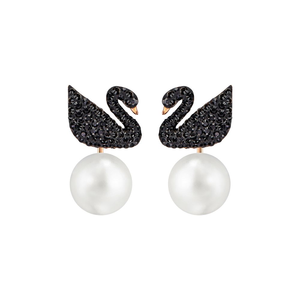 Swarovski Iconic Black Crystal & Faux Pearl Swan Earrings 5193949