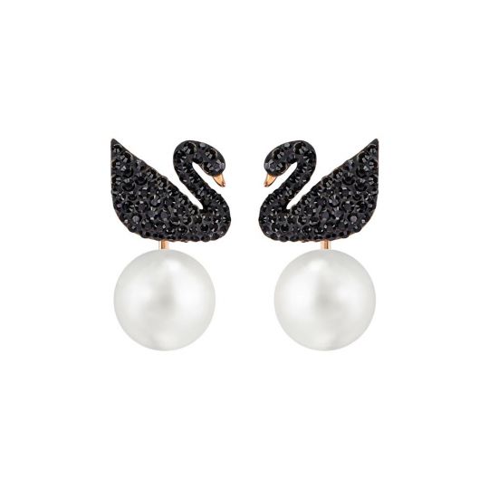Swarovski Iconic Black Crystal Faux Pearl Swan Earrings Swarovski Iconic Black Crystal Faux Pearl Swan Earrings