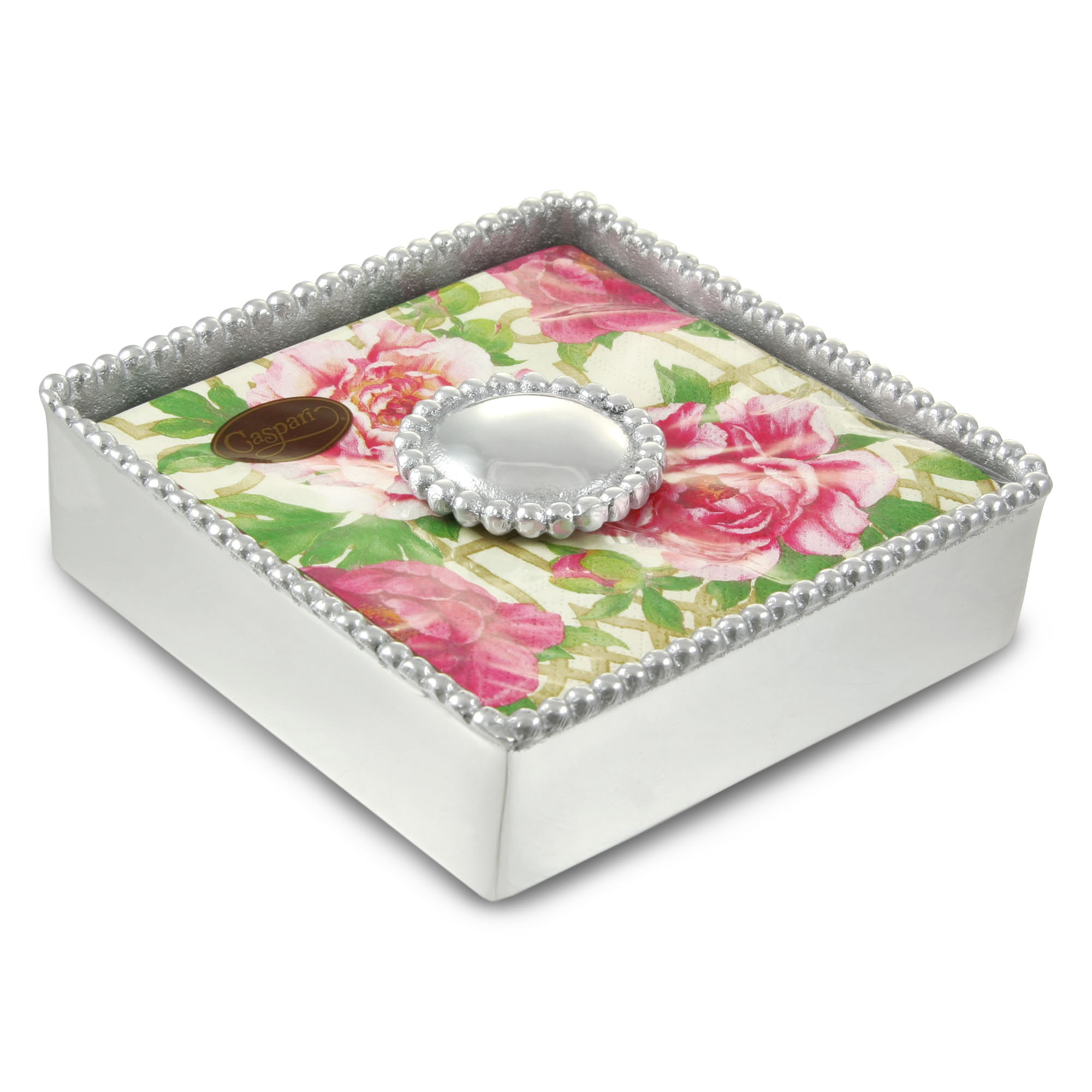 Mariposa Beaded Napkin Box with Pearled Weight & Napkins Borsheims