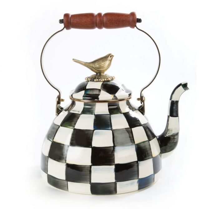 Mackenzie-Childs Courtly Check Enamel Tea Kettle with Bird, 3QT