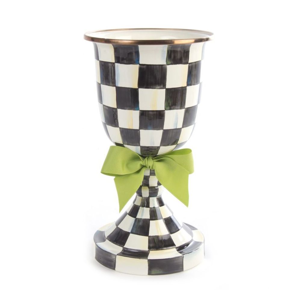 MacKenzie-Childs Courtly Check Enamel Pedestal Vase with Green Bow