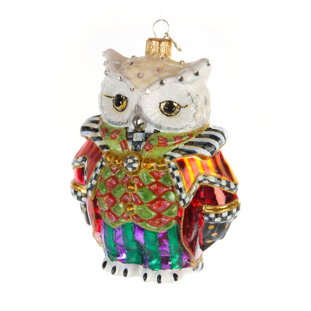 MACKENZIE-CHILD/'S,BLOWN GLASS,HAND PAINTED WISE OWL ORNAMENT ORNAMENT,BOX NEW